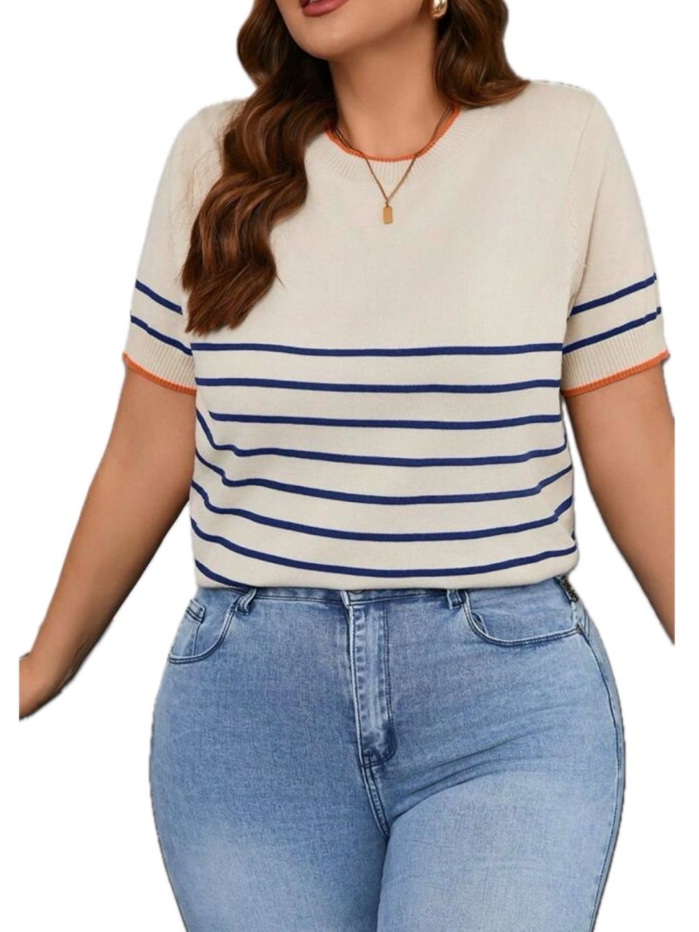 SHEIN Cream Knit Top with Blue Stripes & Orange Accents 3X / 18